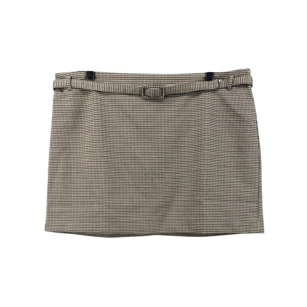 MNG Mango Skirt Sz XXL Houndstooth Mini Brown Belted Lined Preppy Office Classic